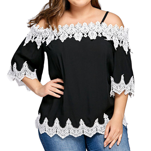 Large Size Women Lace Off Shoulder T-Shirt Short Sleeve Casual Tops Blouse