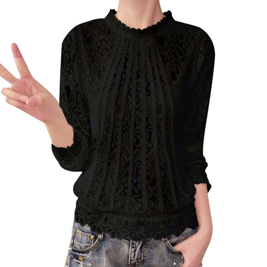 Women Solid Long Sleeve O Neck Lace Casual Tops  Blouse T-Shirt