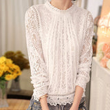 Women Solid Long Sleeve O Neck Lace Casual Tops  Blouse T-Shirt