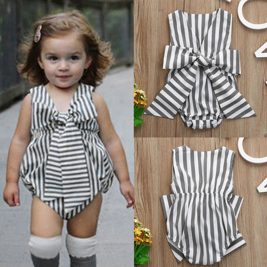 Summer Baby Girls Infant Striped Bow Sleeveless Clothes Jumpsuit Romper