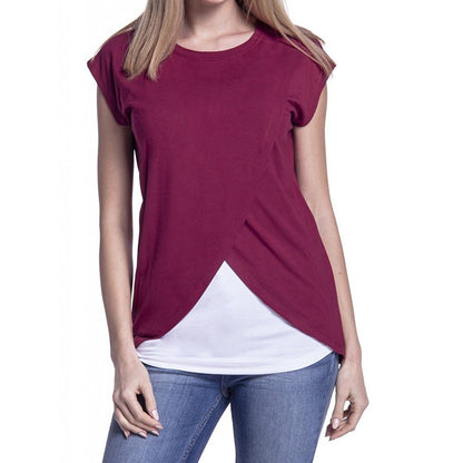 Women's Maternity Nursing Wrap Top Cap Sleeves Double Layer Blouse T Shirt