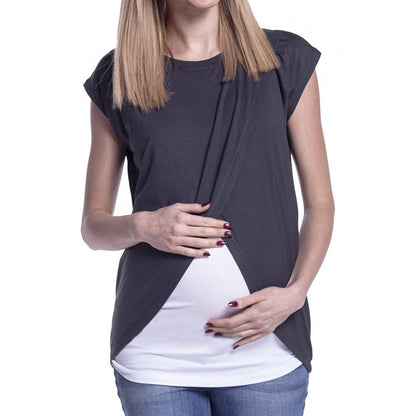 Women's Maternity Nursing Wrap Top Cap Sleeves Double Layer Blouse T Shirt