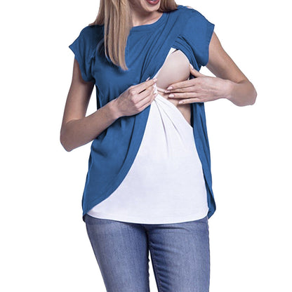 Women's Maternity Nursing Wrap Top Cap Sleeves Double Layer Blouse T Shirt