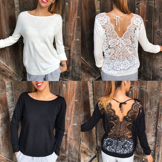 Women Backless O-Neck Lace Long Sleeve Sweatshirt Pullover Tops Blouse Shirt