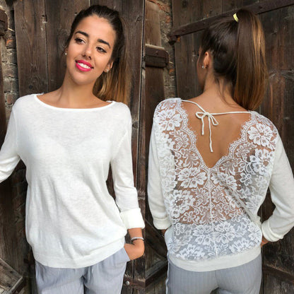 Women Backless O-Neck Lace Long Sleeve Sweatshirt Pullover Tops Blouse Shirt