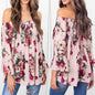 Sexy Fashion Women Floral Print Tops Off Shoulder Flare Sleeve Shirt Blouse Pink