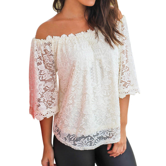 Women Ladies Off Shoulder Lace Short Sleeve Boat Neck T-shirt Tops Blouse