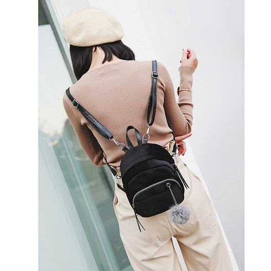 Mini Fur Ball Backpack Fashion Shoulder Bag Solid Women Girls Travel School Bags