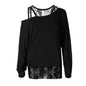 Womens Fashion Lace Vest Blouse Stitching Oblique Collar Bat Long Sleeve Tops