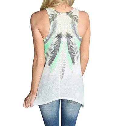 Women Feather Print Sleeveless Shirts Blouse Casual O-neck Tank Tops T-Shirt