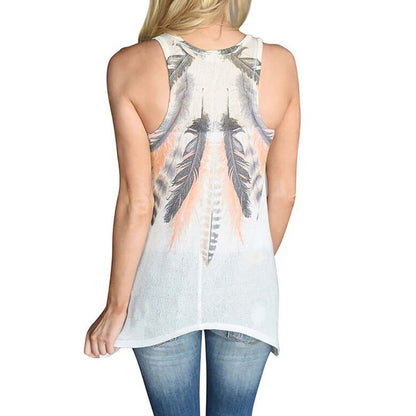 Women Feather Print Sleeveless Shirts Blouse Casual O-neck Tank Tops T-Shirt