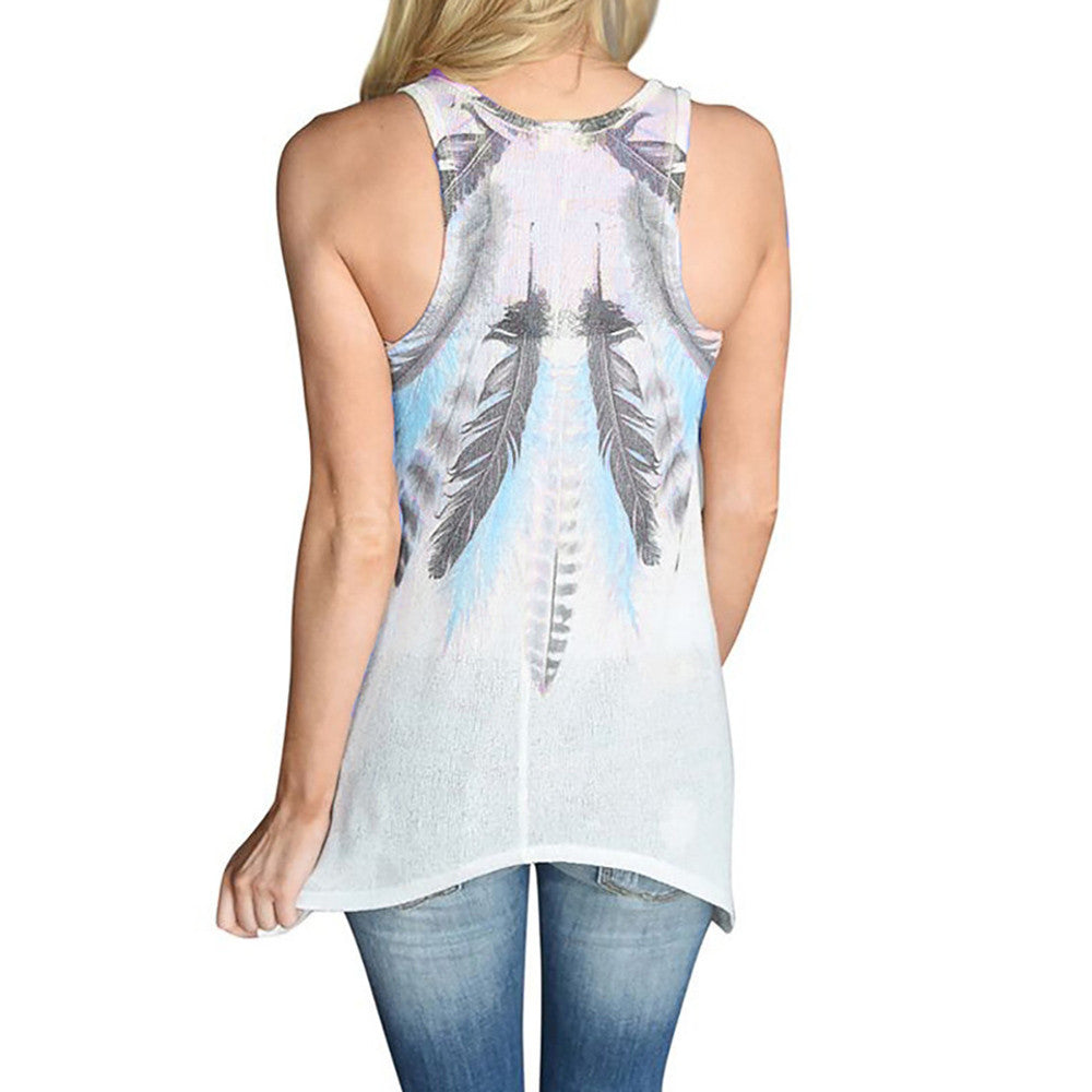 Women Feather Print Sleeveless Shirts Blouse Casual O-neck Tank Tops T-Shirt