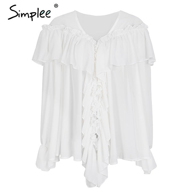 Simplee Sexy v neck ruffle white chiffon blouse shirt women Flare sleeve transparent blouse 2018 Spring casual tiered blouse