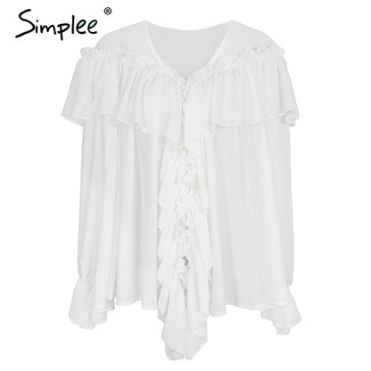 Simplee Sexy v neck ruffle white chiffon blouse shirt women Flare sleeve transparent blouse 2018 Spring casual tiered blouse