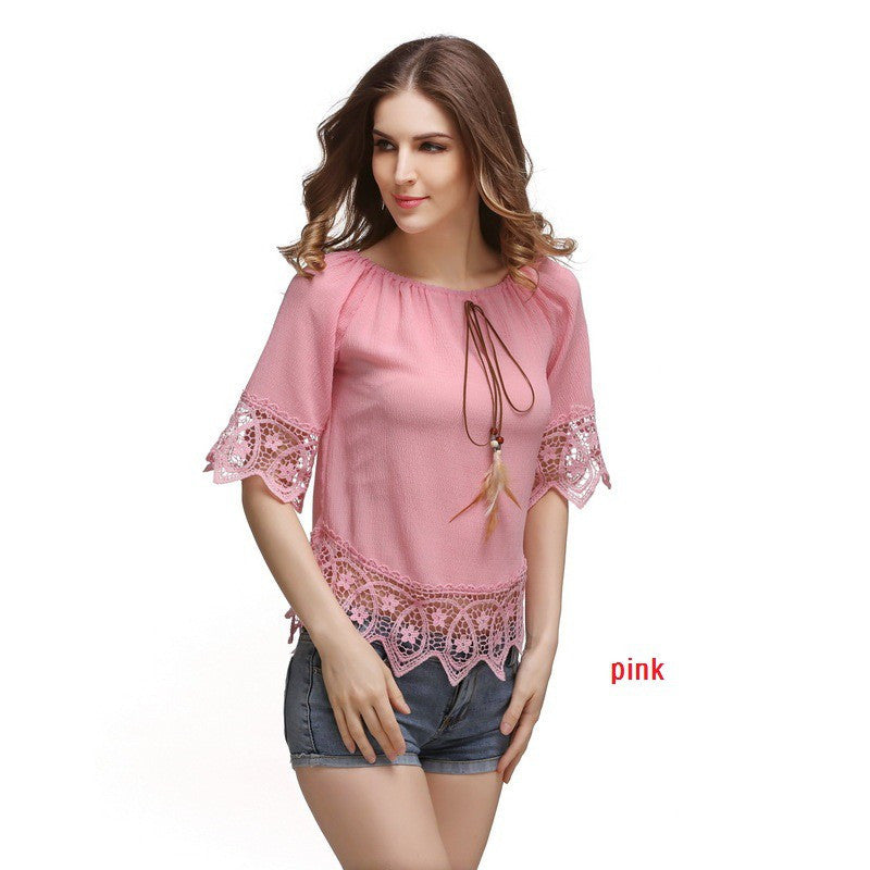 women slash neck lace loose streetwear shirts lace stitching a word short sleeve