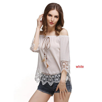 women slash neck lace loose streetwear shirts lace stitching a word short sleeve