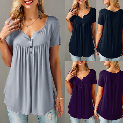 Women Solid Row Pleats Button Ruched O-Neck Short Sleeve Irregular T-Shirt Tops