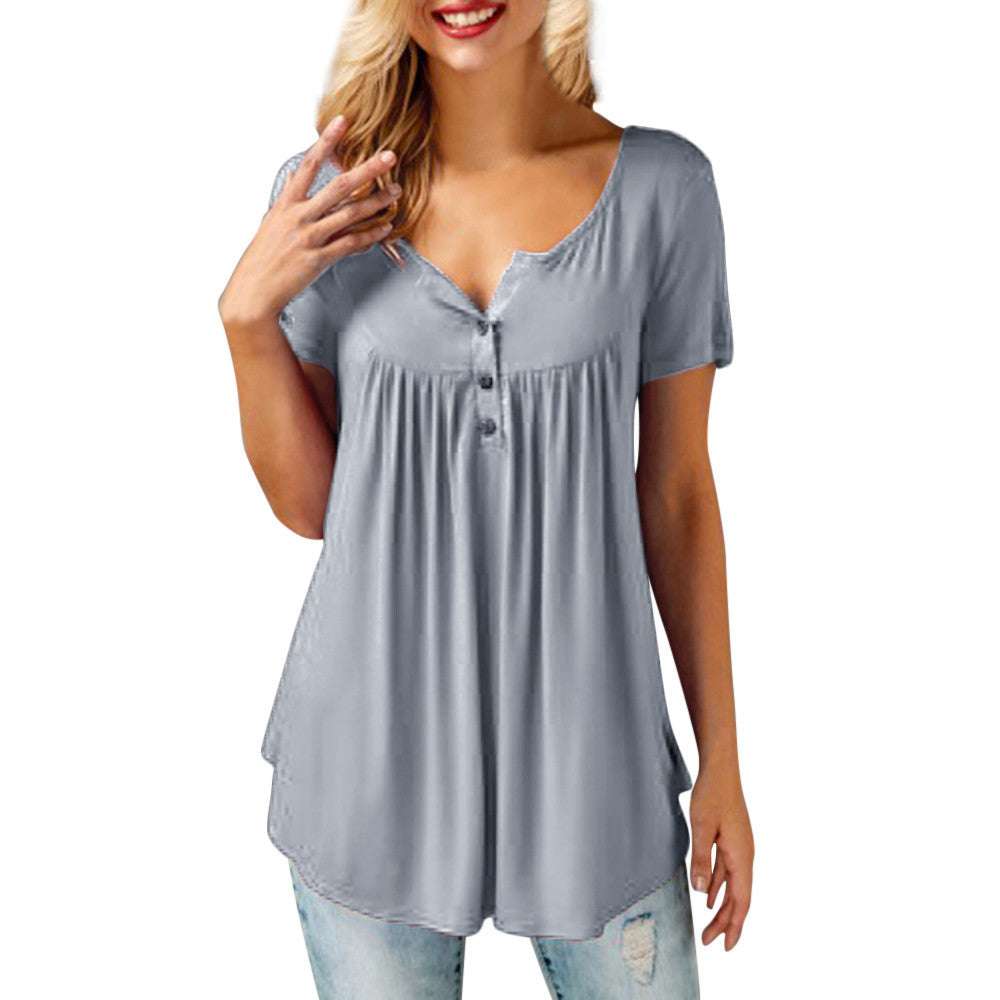 Women Solid Row Pleats Button Ruched O-Neck Short Sleeve Irregular T-Shirt Tops