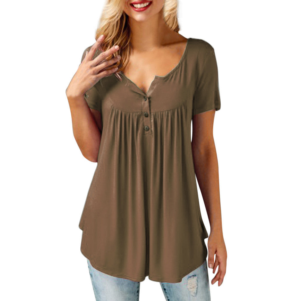 Women Solid Row Pleats Button Ruched O-Neck Short Sleeve Irregular T-Shirt Tops