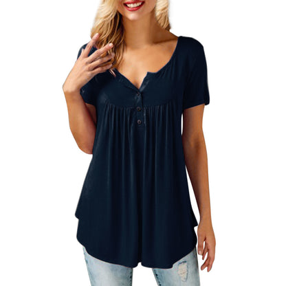 Women Solid Row Pleats Button Ruched O-Neck Short Sleeve Irregular T-Shirt Tops