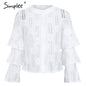 Simplee Sexy hollow out tiered flare sleeve lace blouse shirt Women ruffle blouses casual Transparent o neck floral mesh blouse