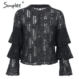 Simplee Sexy hollow out tiered flare sleeve lace blouse shirt Women ruffle blouses casual Transparent o neck floral mesh blouse