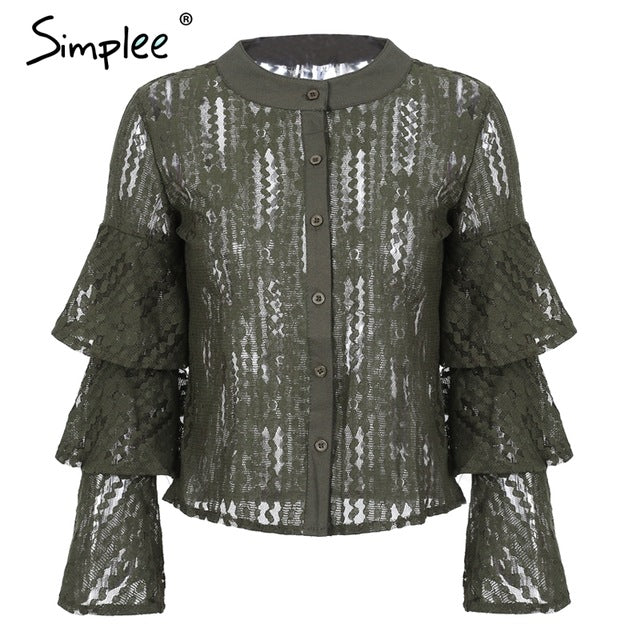 Simplee Sexy hollow out tiered flare sleeve lace blouse shirt Women ruffle blouses casual Transparent o neck floral mesh blouse