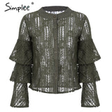 Simplee Sexy hollow out tiered flare sleeve lace blouse shirt Women ruffle blouses casual Transparent o neck floral mesh blouse