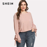 SHEIN Bow Tie Trumpet Sleeve Pearl Beading Top 2018 Summer Round Neck Flounce Long Sleeve Blouse Women Pink Plus Size Blouse