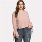 SHEIN Bow Tie Trumpet Sleeve Pearl Beading Top 2018 Summer Round Neck Flounce Long Sleeve Blouse Women Pink Plus Size Blouse