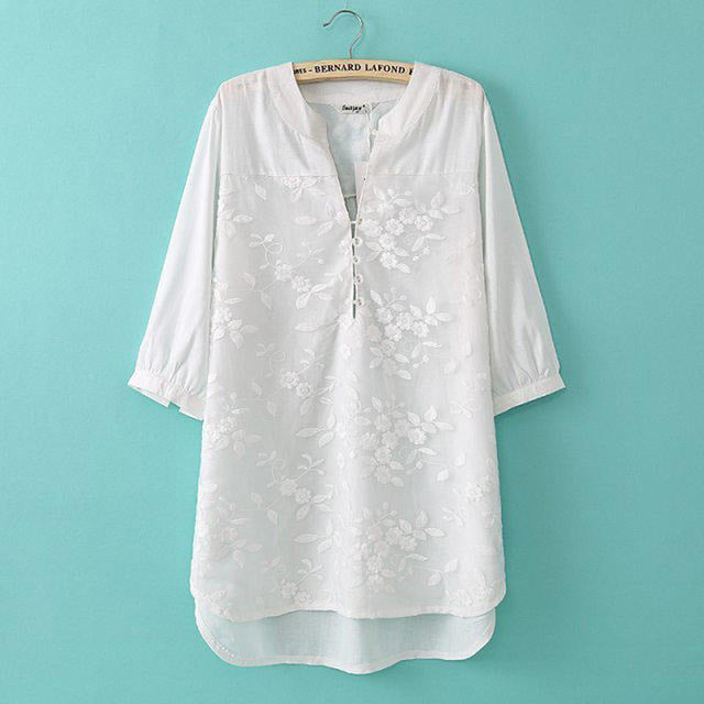 Women Blouses 2018 Summer V Neck Short Sleeve Women Shirts Tops Solid Casual Loose Embroidery Hollow Out White Shirts Plus Size