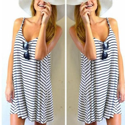 Women Sleeveless Striped Loose Mini Dress Beach Party Casual Sundress