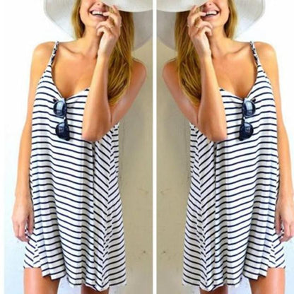 Women Sleeveless Striped Loose Mini Dress Beach Party Casual Sundress