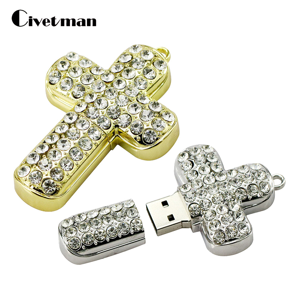 Crystal Metal Christian Cross USB Flash Drive 8GB 16GB 32GB 64GB Pendrive Pen Drive USB 2.0 Flash Memory Stick Personalized Gift