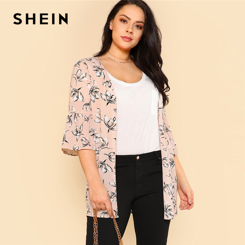 SHEIN Trumpet Sleeve Longline Kimono Summer Three Quarter Length Sleeve Floral Print Blouse Women Plus Size Vacation Top Kimono