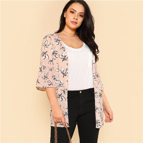 SHEIN Trumpet Sleeve Longline Kimono Summer Three Quarter Length Sleeve Floral Print Blouse Women Plus Size Vacation Top Kimono