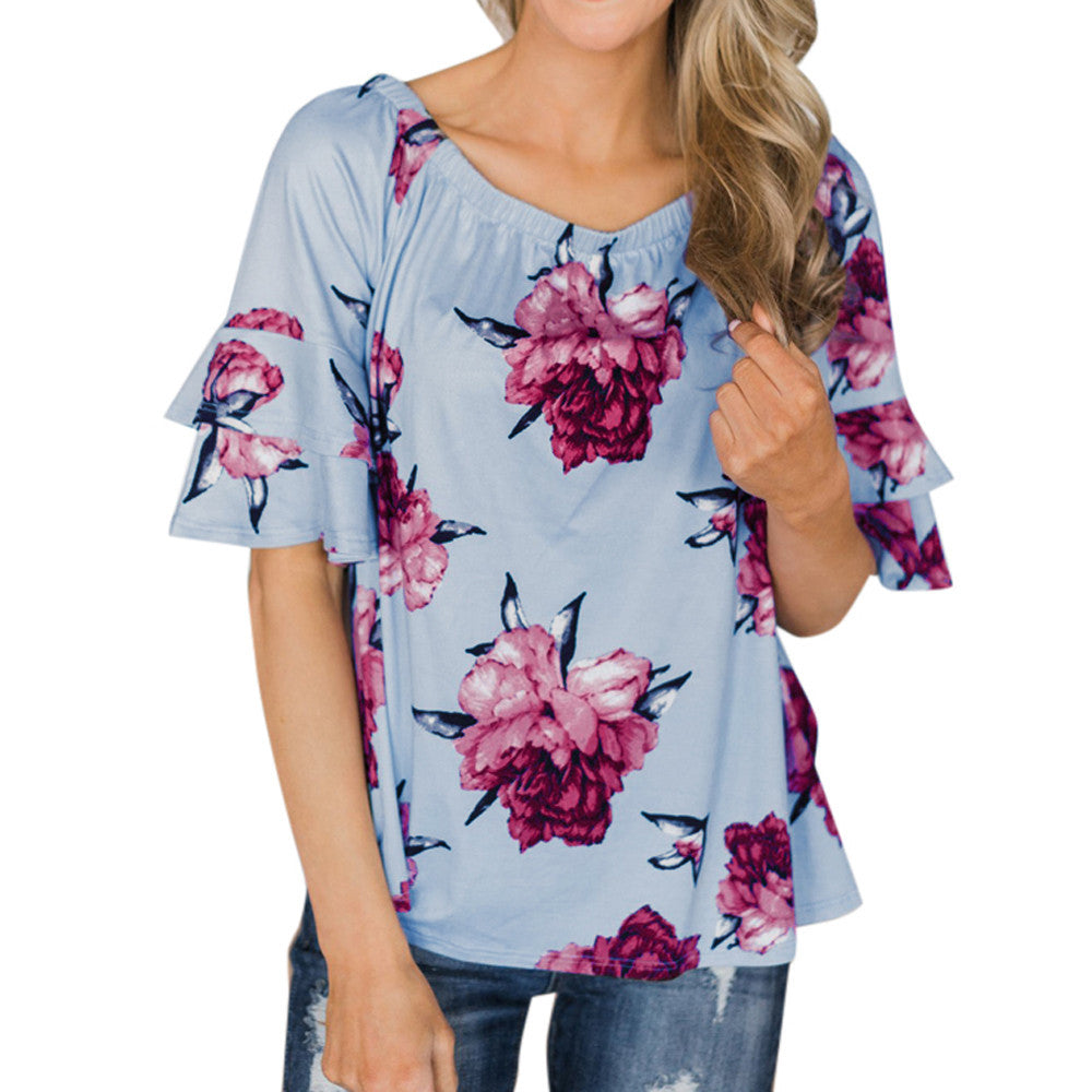 Women Floral Printed Off The Shoulder Casual T Shirt Half Sleeve Tops Blouse