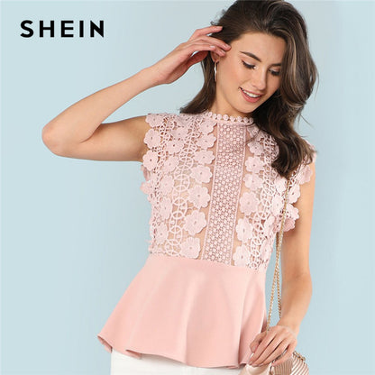 SHEIN Pink Solid Ruffle Elegant Office Workwear Casual Sleeveless Contrast Lace Womens Tops and Blouses Hem Shell Summer Top