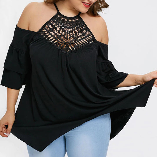 Women Plus Size Solid Lace Patchwork Backless Layer Sleeve Irregular Tops Blouse