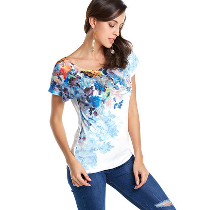 Women Print Cotton shirt Summer O-Neck Short Sleeve Fashion Casual Gradient Blouses One Size 2018 New Tops Blue