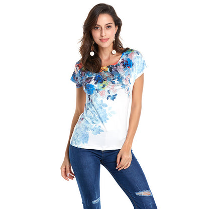 Women Print Cotton shirt Summer O-Neck Short Sleeve Fashion Casual Gradient Blouses One Size 2018 New Tops Blue