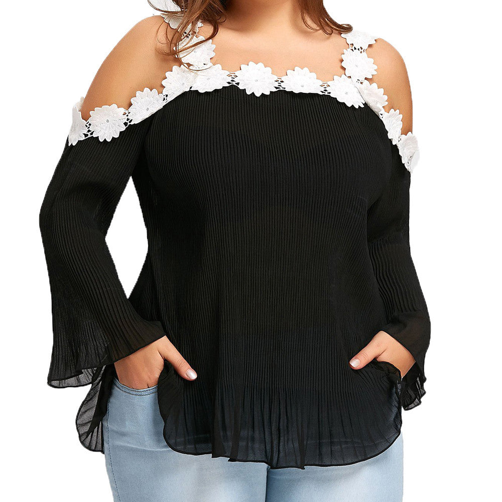 Women Plus Size Appliques Decorated Long Sleeve Off Shoulder Tops Blouse