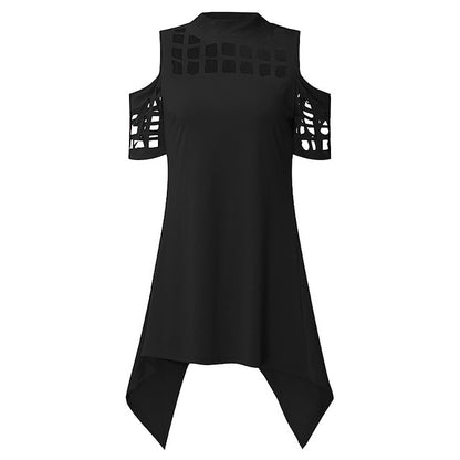 Sexy Cold Shoulder Tops Women Blouses Summer Turtleneck Short Sleeve Hollow Out Back Split Asymmetric Casual Shirts Plus Size