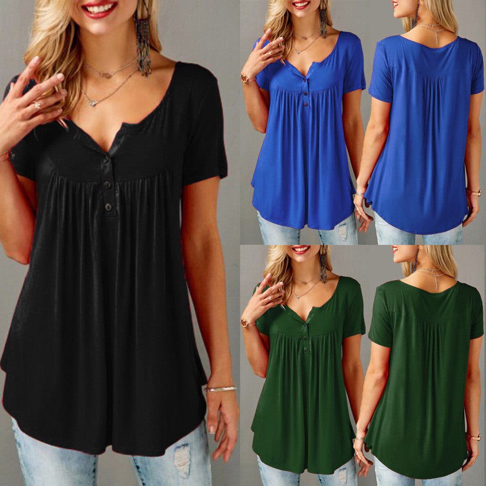 Women Solid Row Pleats Button Ruched O-Neck Short Sleeve Irregular T-Shirt Tops