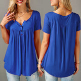 Women Solid Row Pleats Button Ruched O-Neck Short Sleeve Irregular T-Shirt Tops