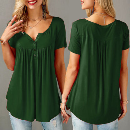 Women Solid Row Pleats Button Ruched O-Neck Short Sleeve Irregular T-Shirt Tops