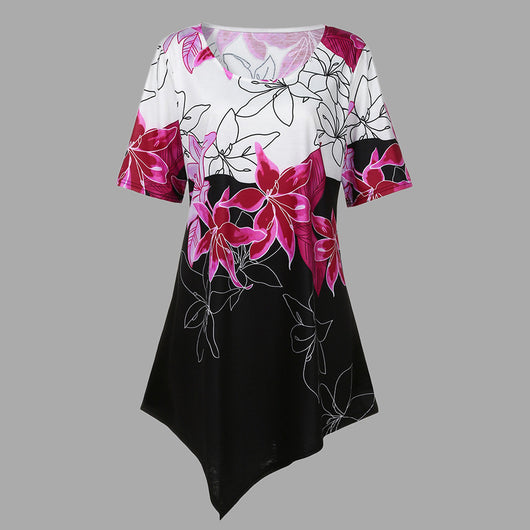 Large Size Women Flowers Printing T-Shirt Short Sleeve Casual Tops Blouse