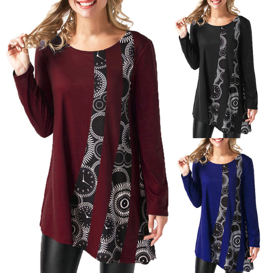 Women Print Patchwork Long Sleeve T-Shirt O-neck Pullover Blouse Tops