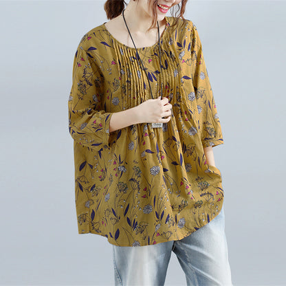 S 5XL ZANZEA 2018 Summer Boho Floral Printed Baggy Long Shirt Women Casual Crew Neck 3/4 Sleeve Loose Pleated Work Office Blouse