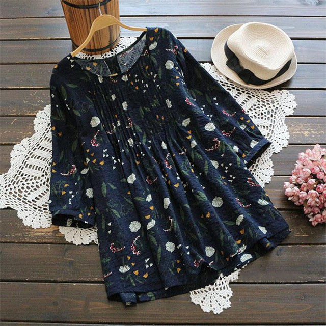 S 5XL ZANZEA 2018 Summer Boho Floral Printed Baggy Long Shirt Women Casual Crew Neck 3/4 Sleeve Loose Pleated Work Office Blouse